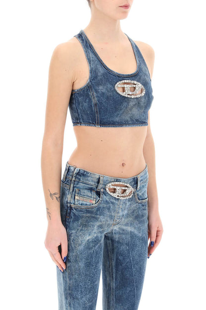 denim crop top with jewel buckle