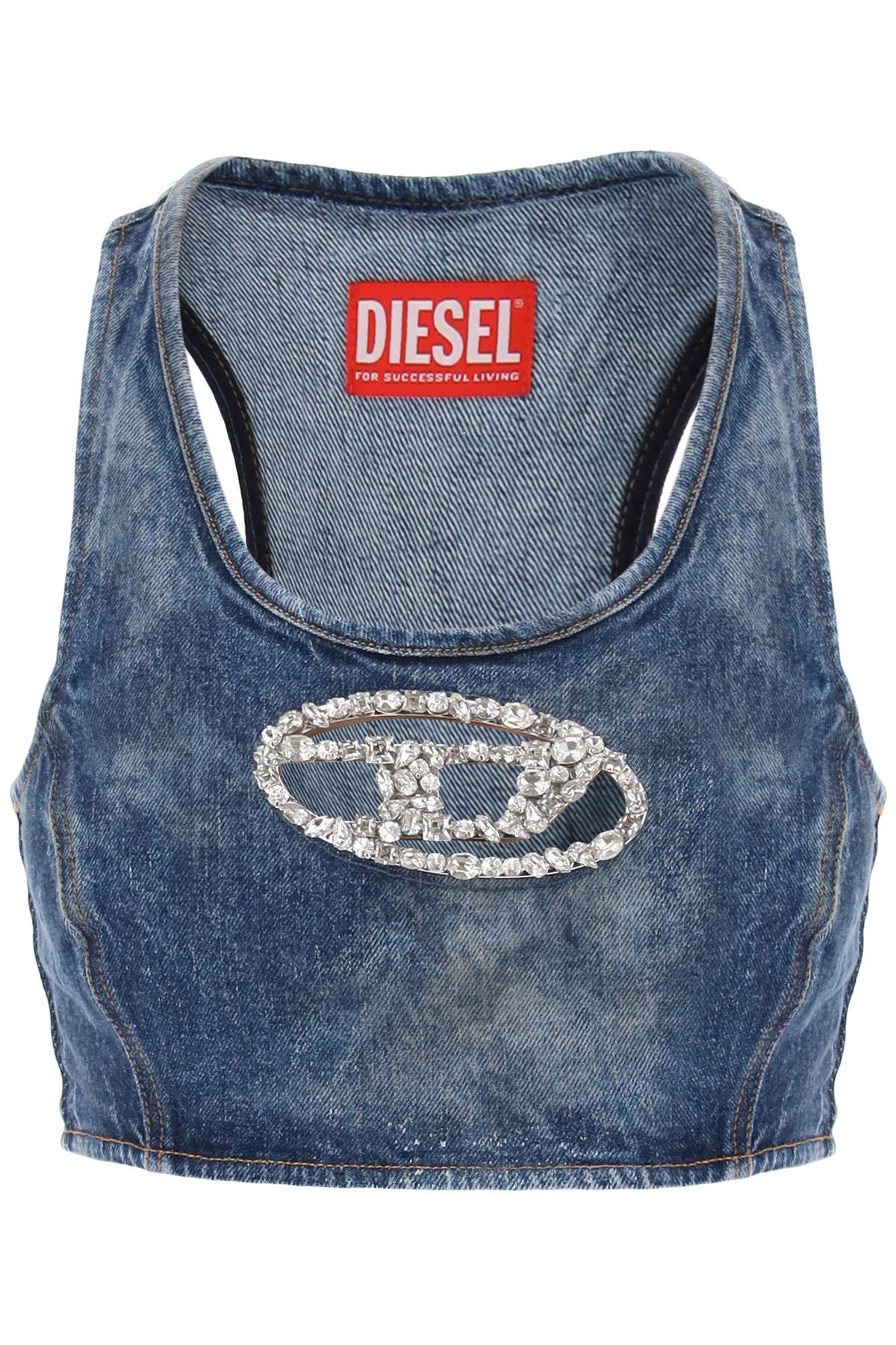 denim crop top with jewel buckle