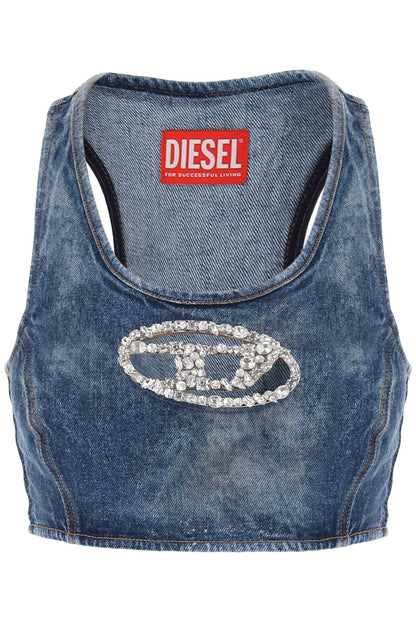 denim crop top with jewel buckle