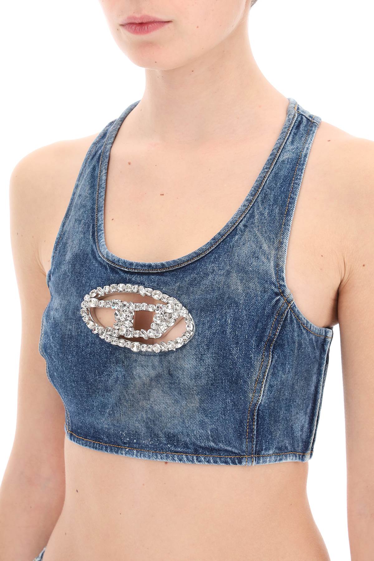 denim crop top with jewel buckle