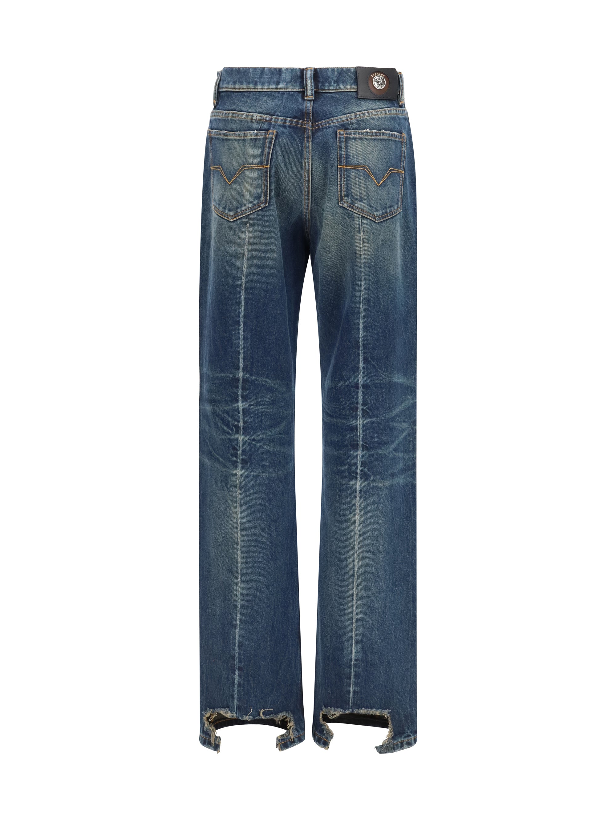 distressed straight-leg cotton denim jeans