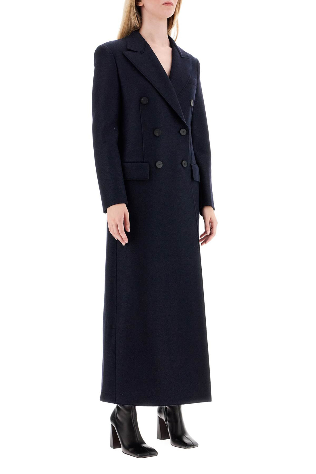 double-breasted pressed wool coat