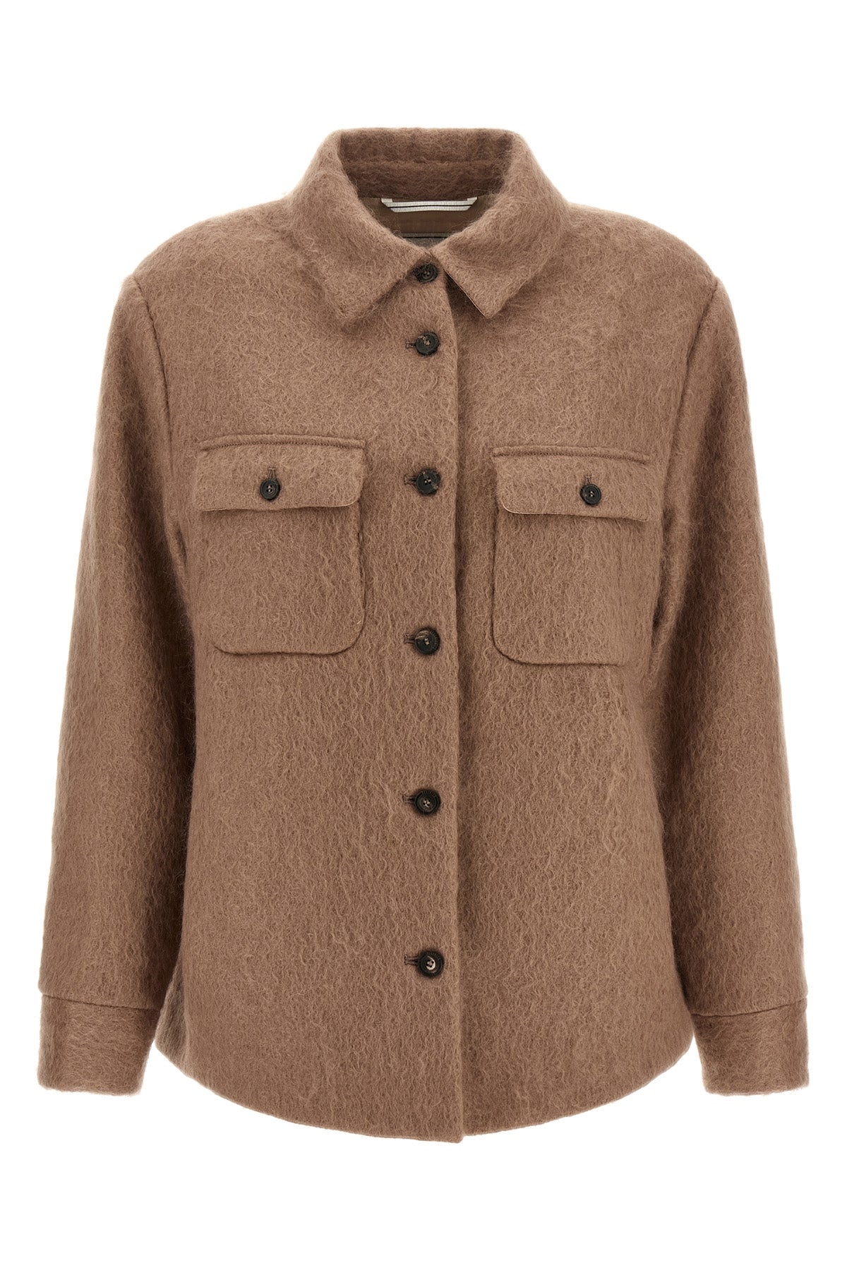 the peserico hazelnut-colored overshirt stands out for a material and enveloping