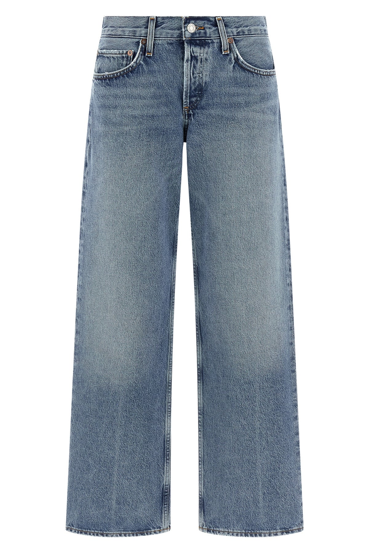 low rise loose jeans in medium worn indigo denim