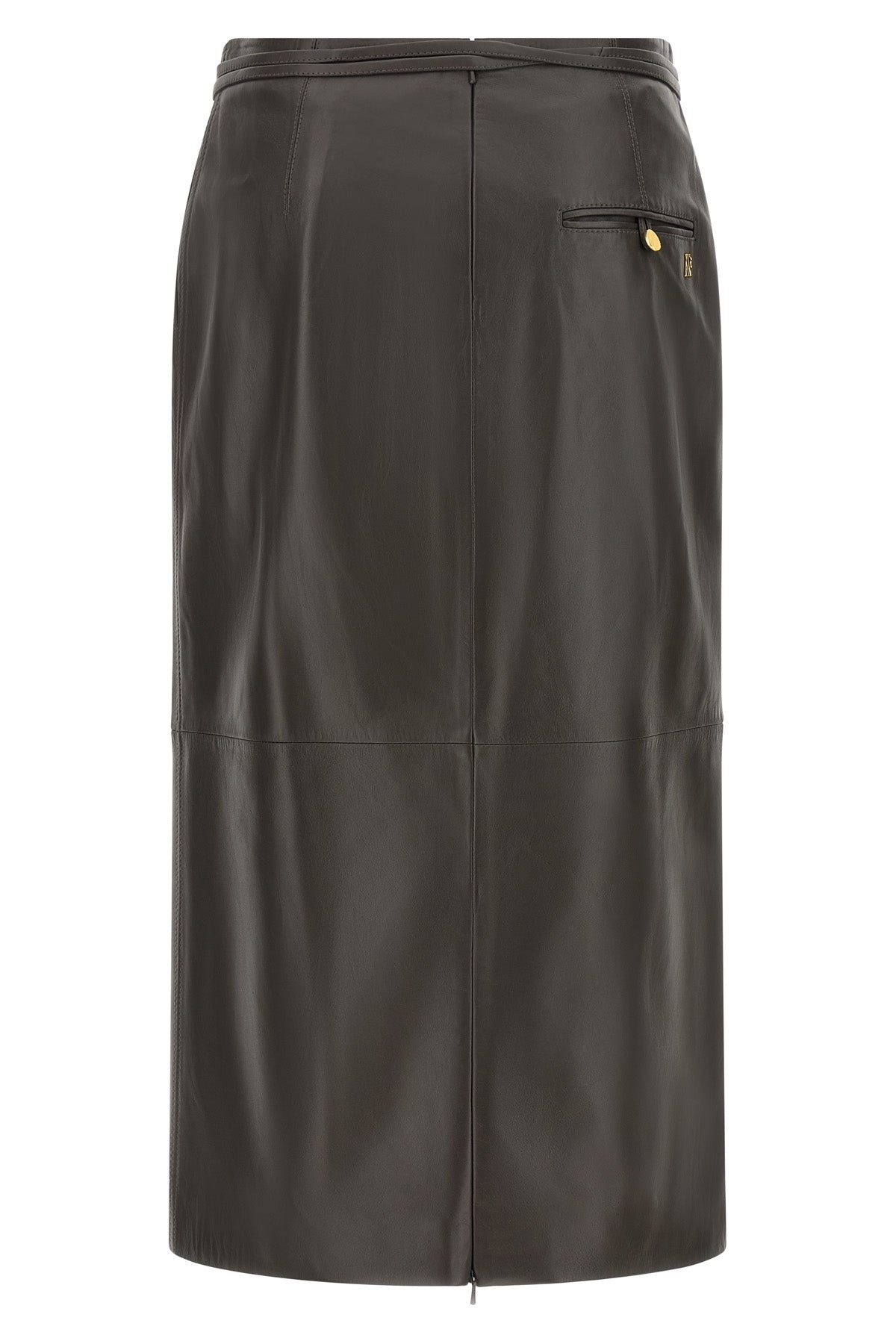 the alberta ferretti mud-colored leather midi skirt features a rigorous straight