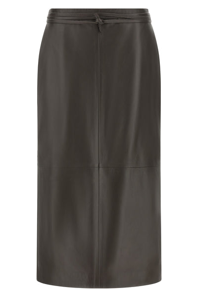 ALBERTA FERRETTI 42 the alberta ferretti mud-colored leather midi skirt features a rigorous straight