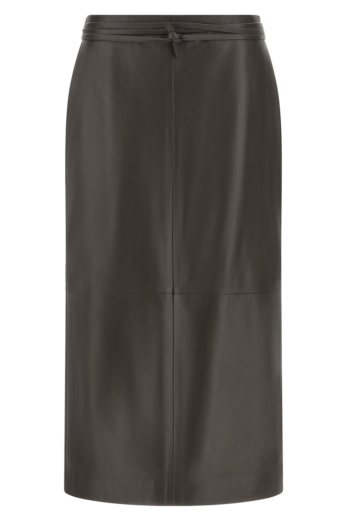 the alberta ferretti mud-colored leather midi skirt features a rigorous straight
