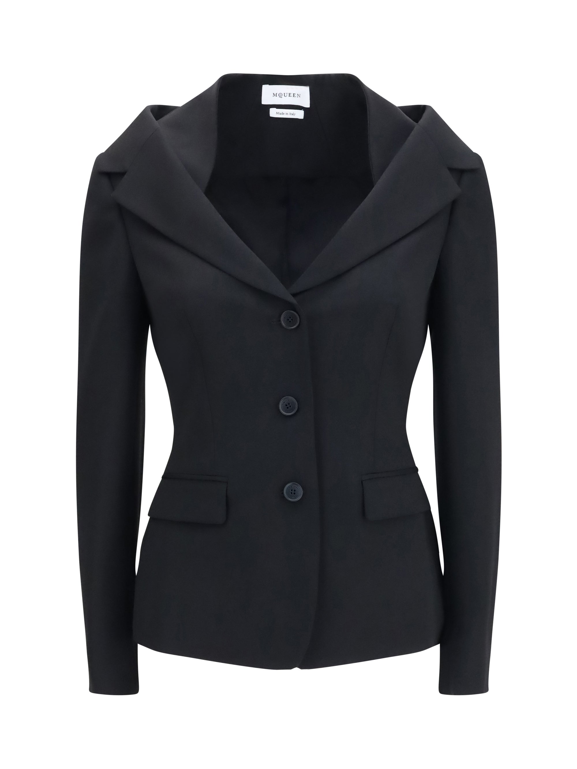 structured off-shoulder jacket with harness details