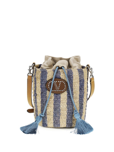 striped raffia bucket bag