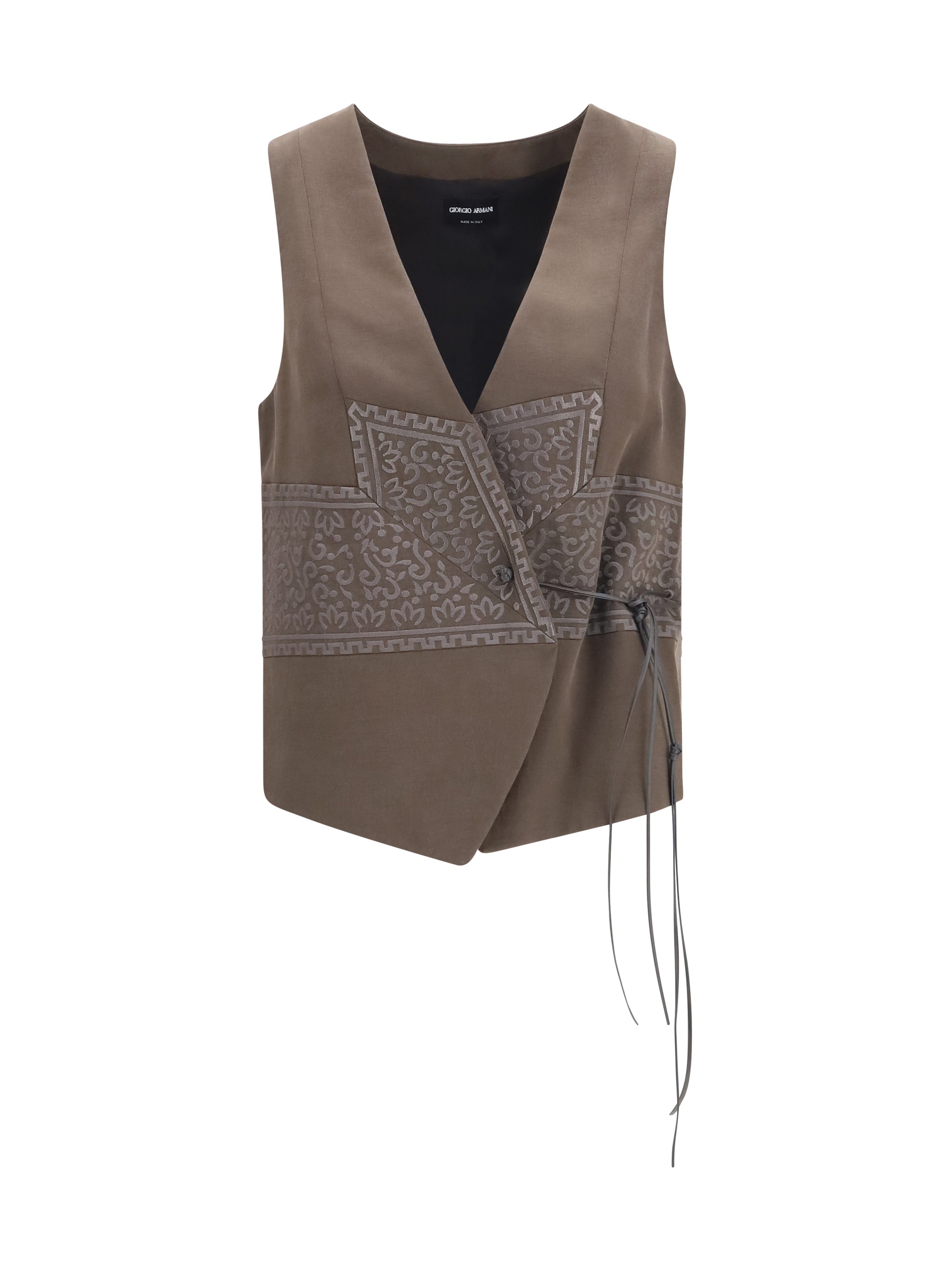 vest in washed silk and virgin wool with jacquard pattern and ties