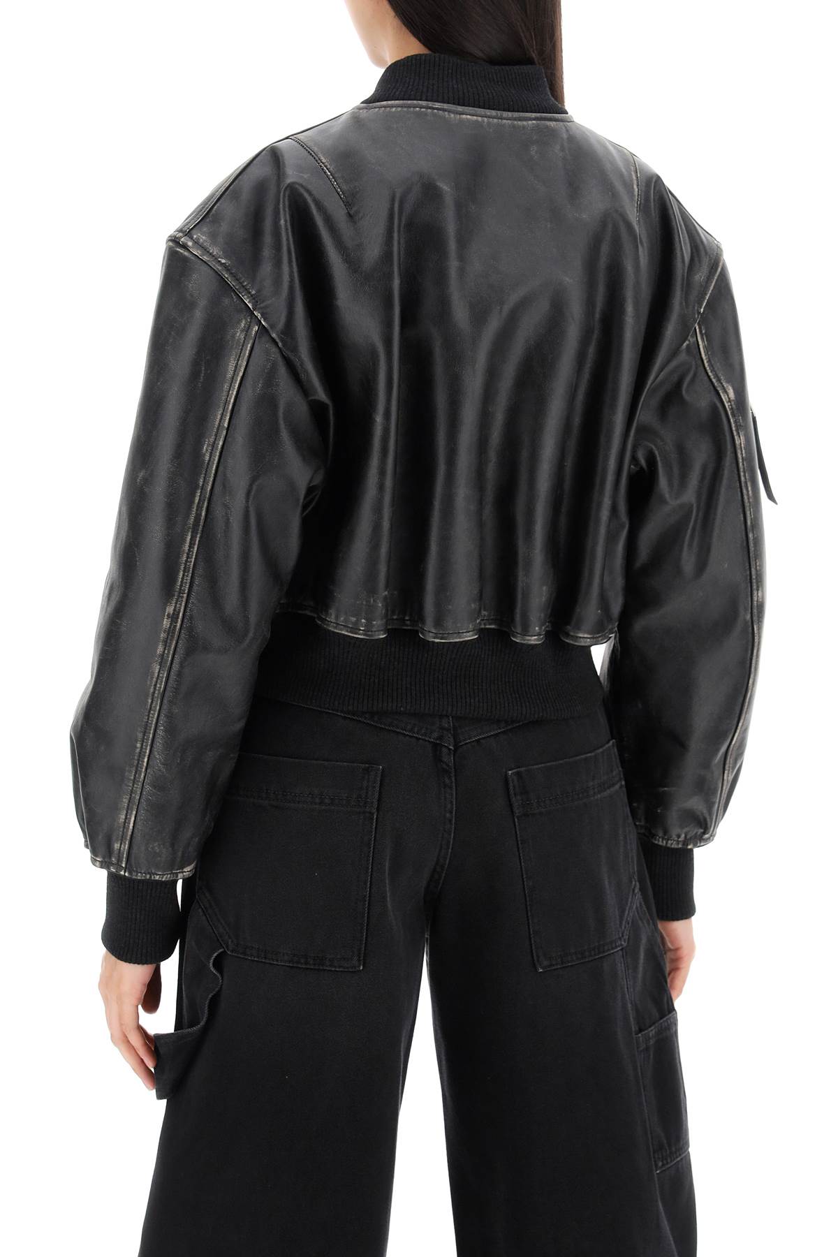 aged leather bomber jacket with distressed treatment