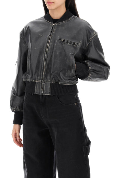 aged leather bomber jacket with distressed treatment