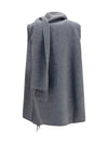 high-neck wool cape with concealed closure and fringes