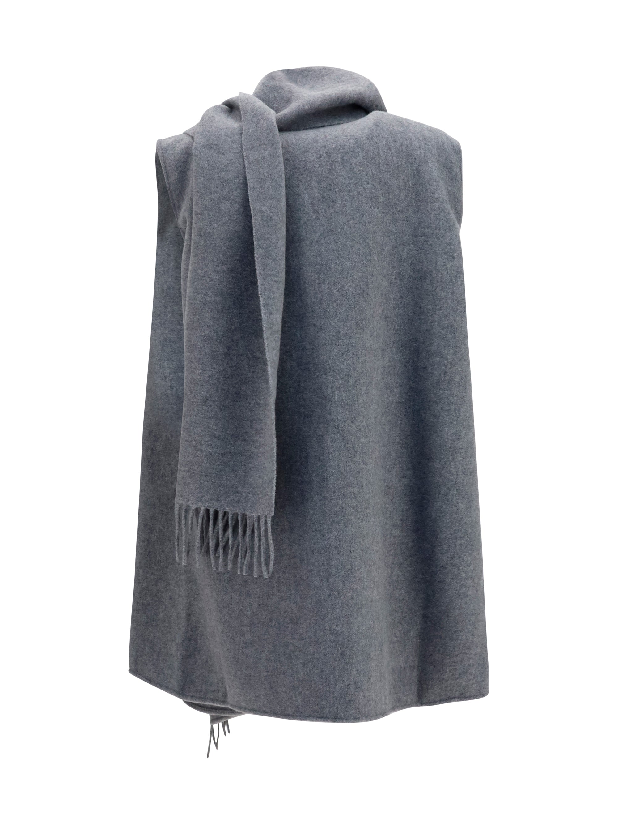 high-neck wool cape with concealed closure and fringes