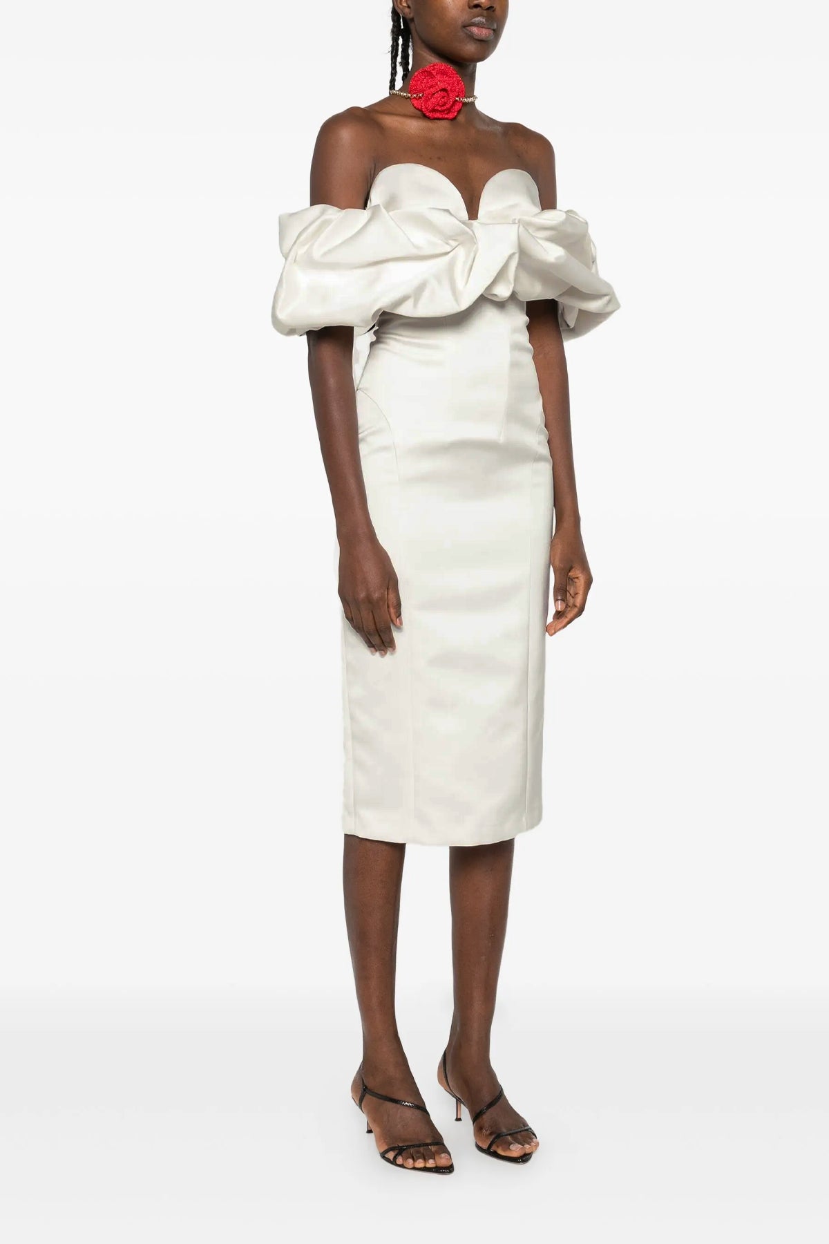off-the-shoulder satin sheath dress