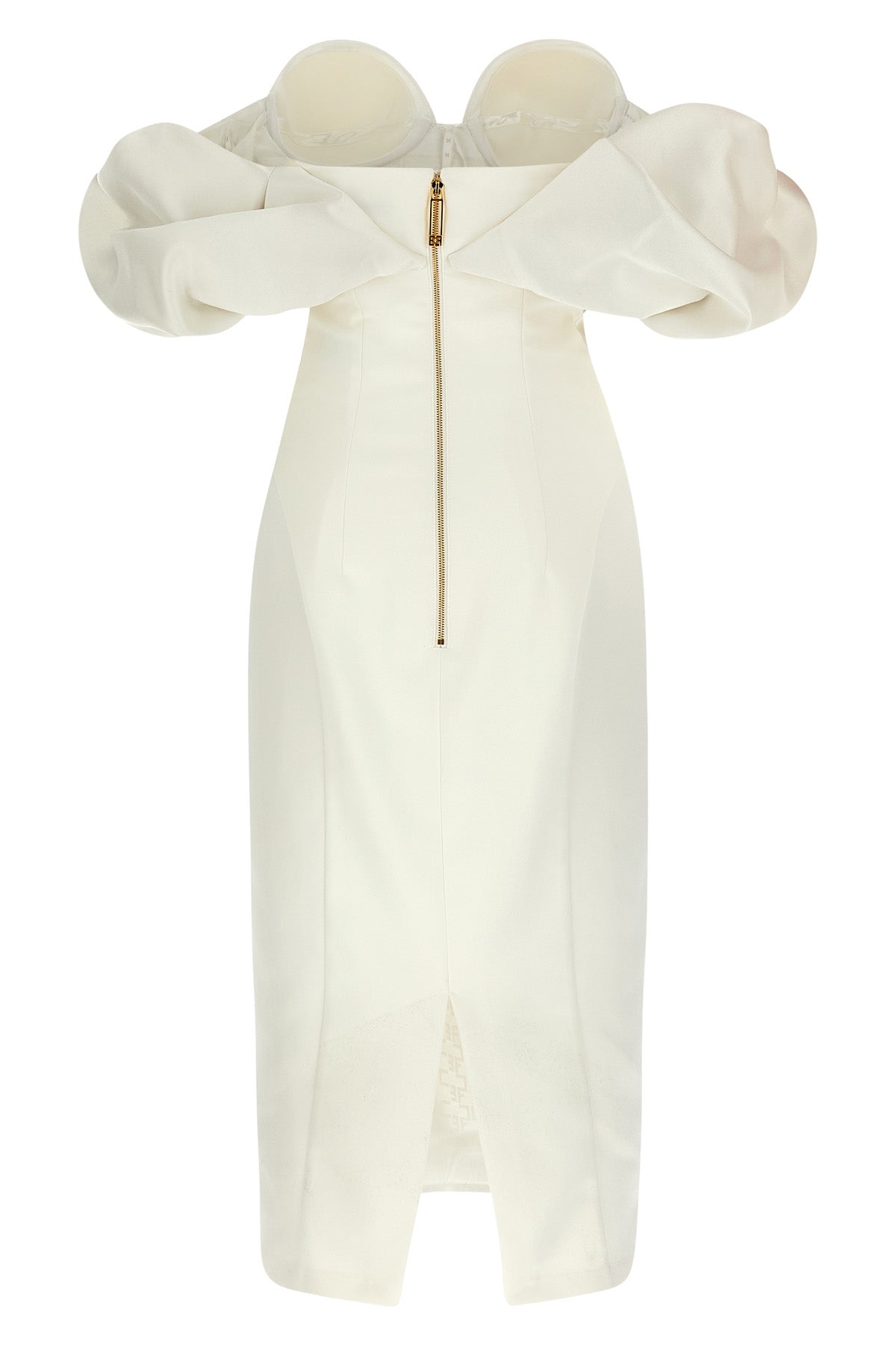 off-the-shoulder satin sheath dress