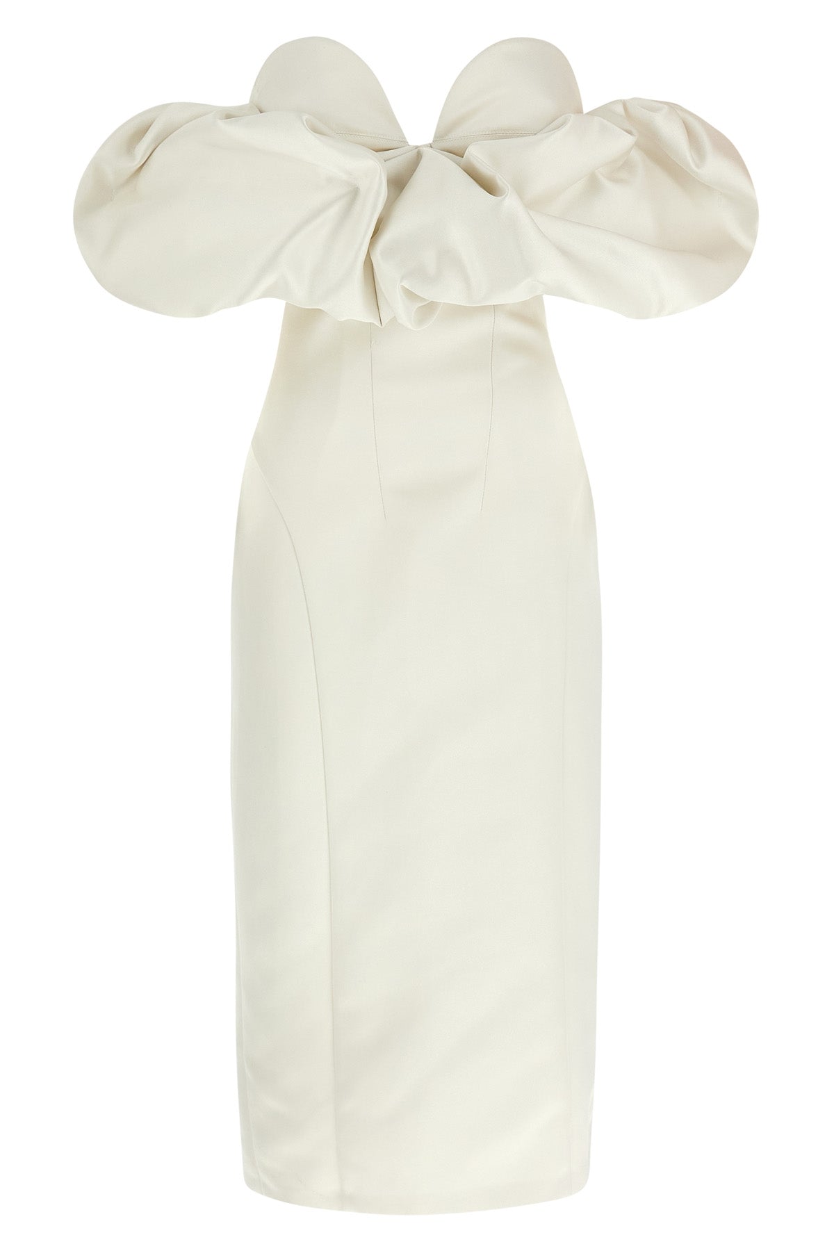 off-the-shoulder satin sheath dress