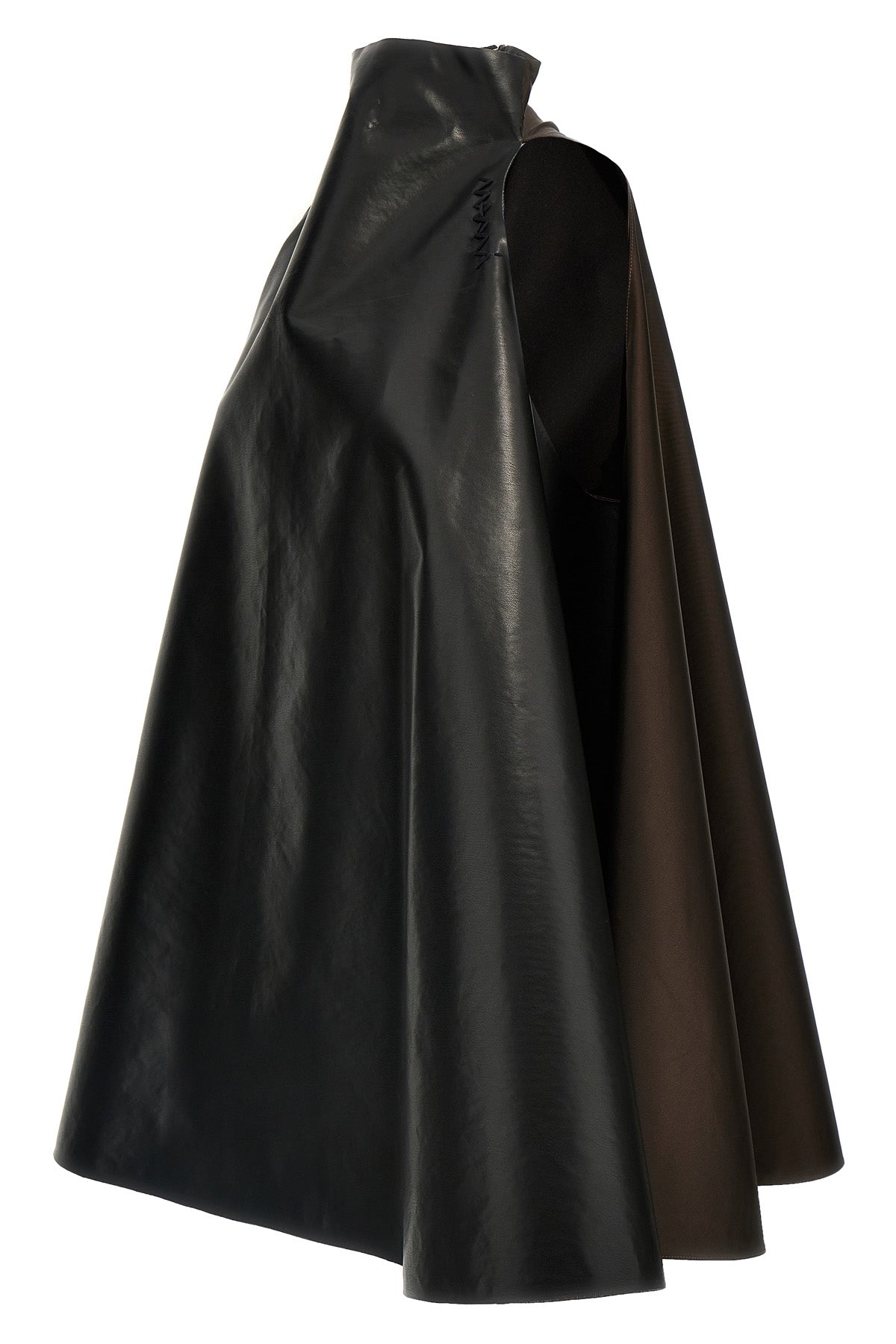 two-tone trapeze dress in black coated nylon and brown nylon
