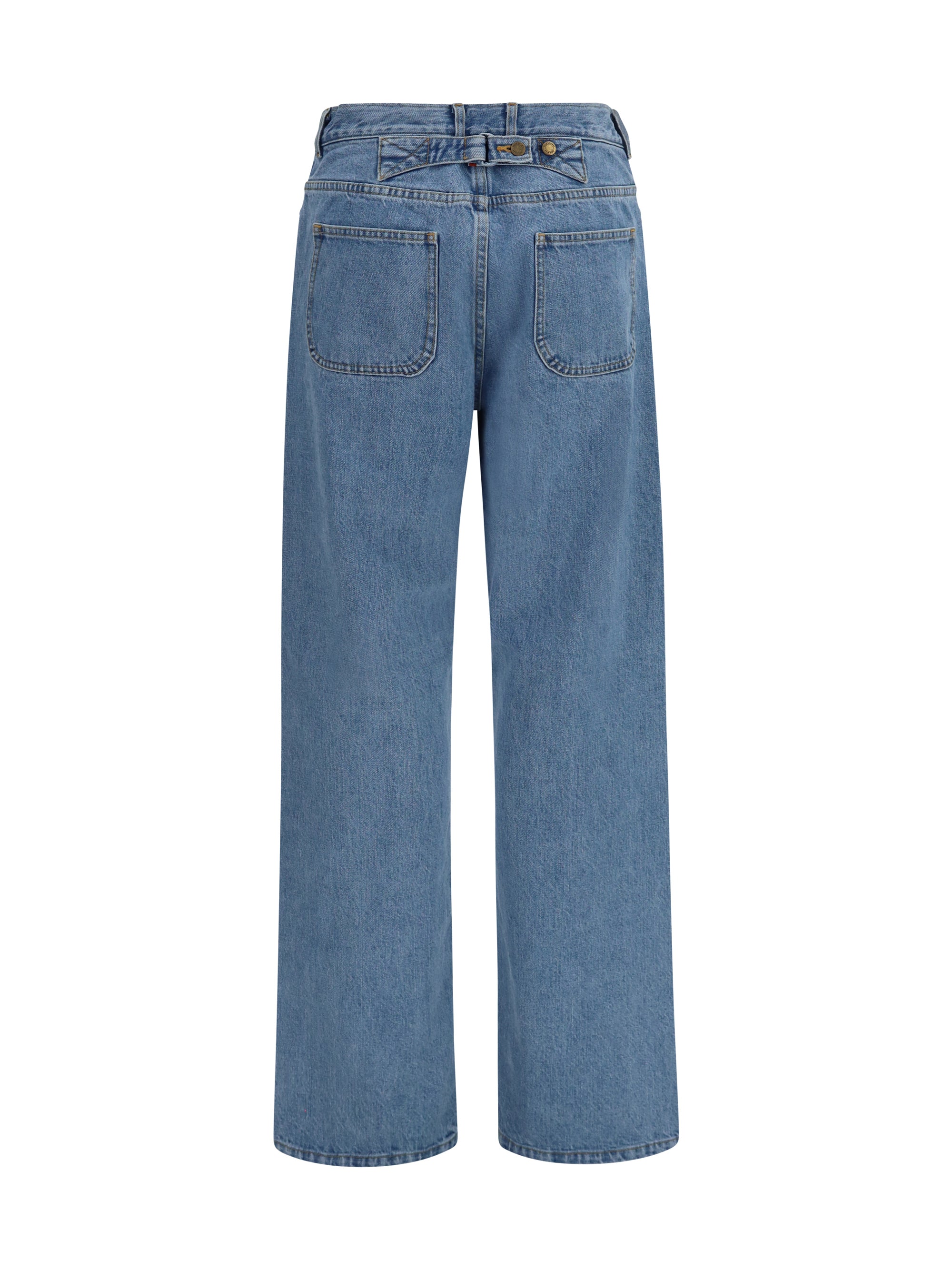 straight-leg selvedge cotton jeans with adjustable back strap