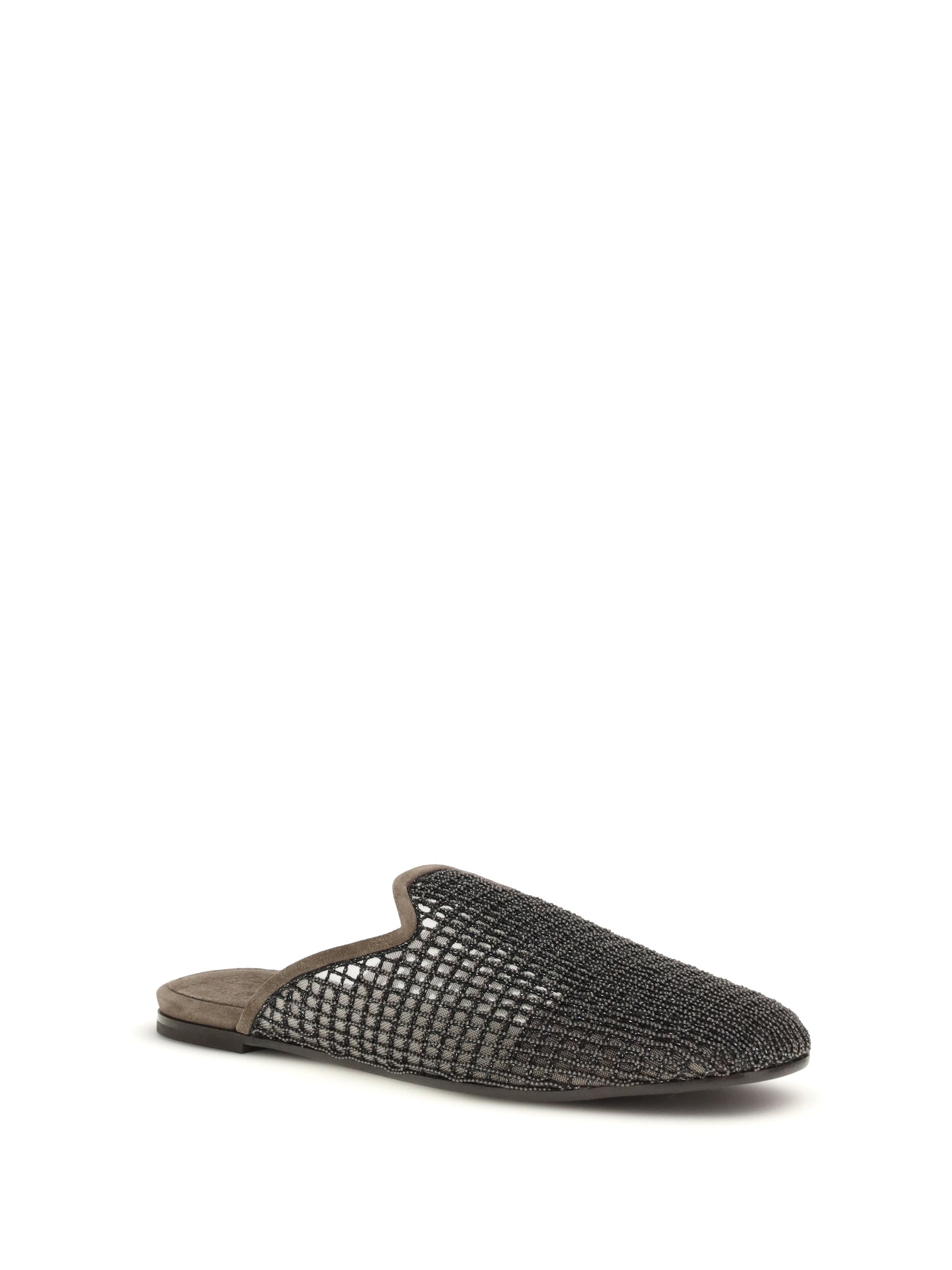 suede mules with precious net embroidery