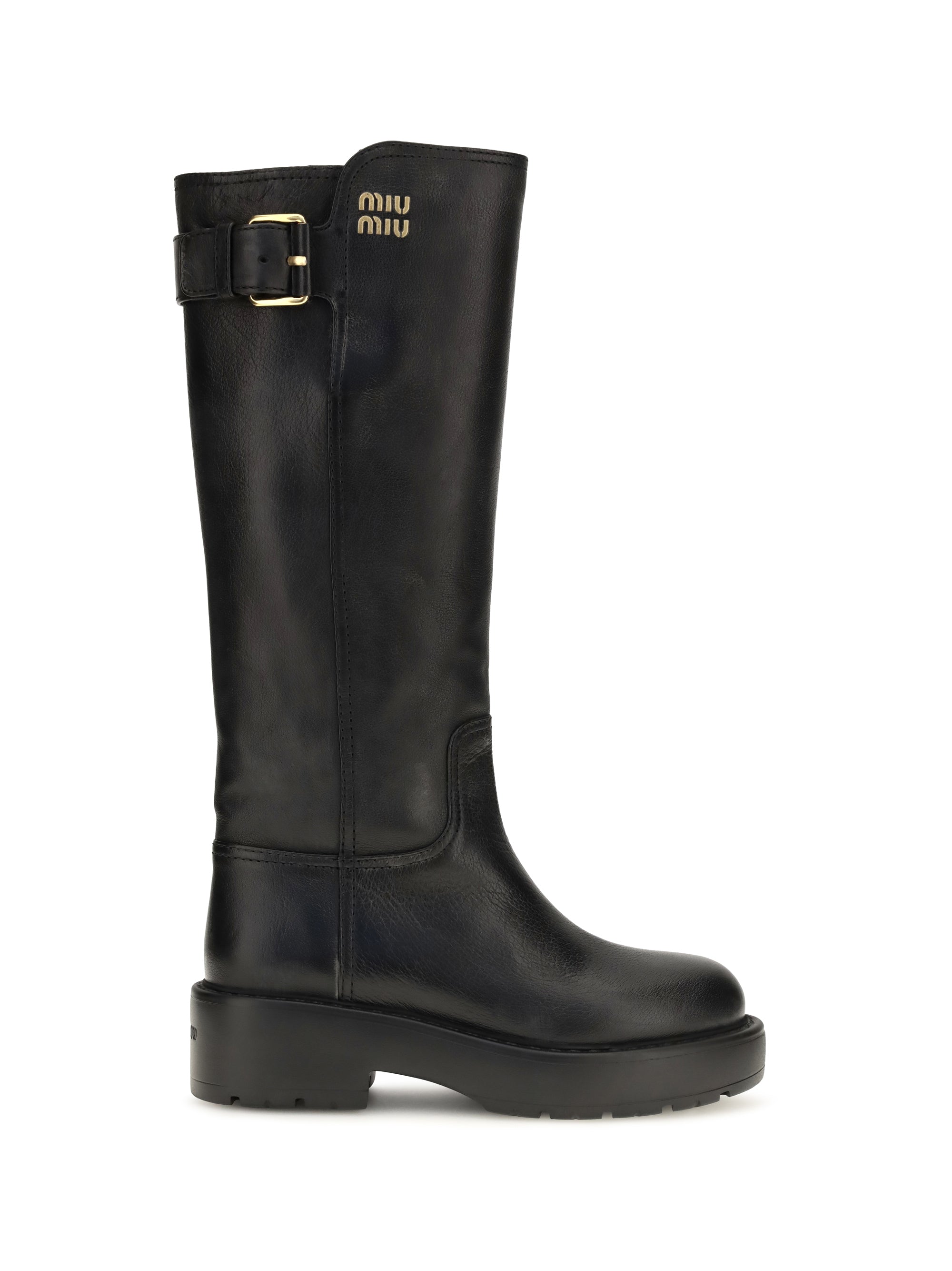 leather knee-high boots with buckle detail