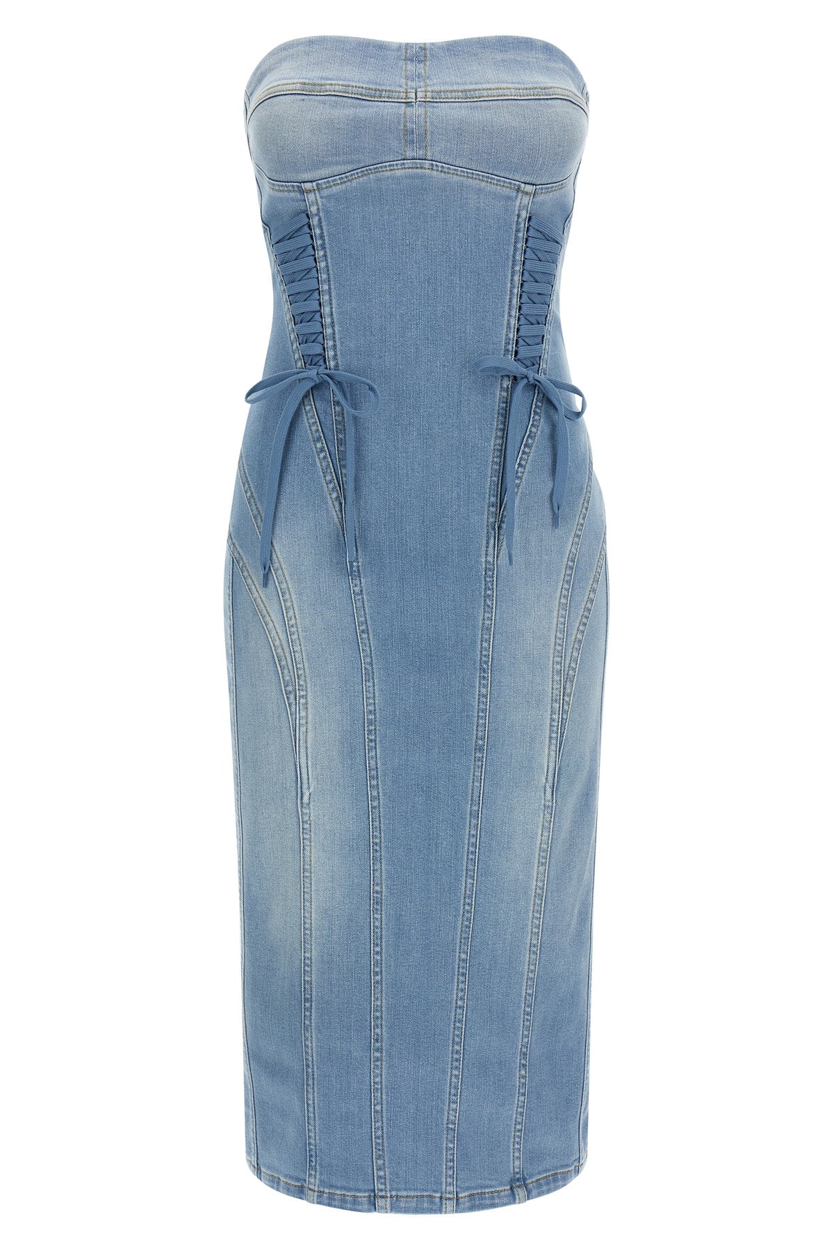 stonewashed cotton denim midi dress