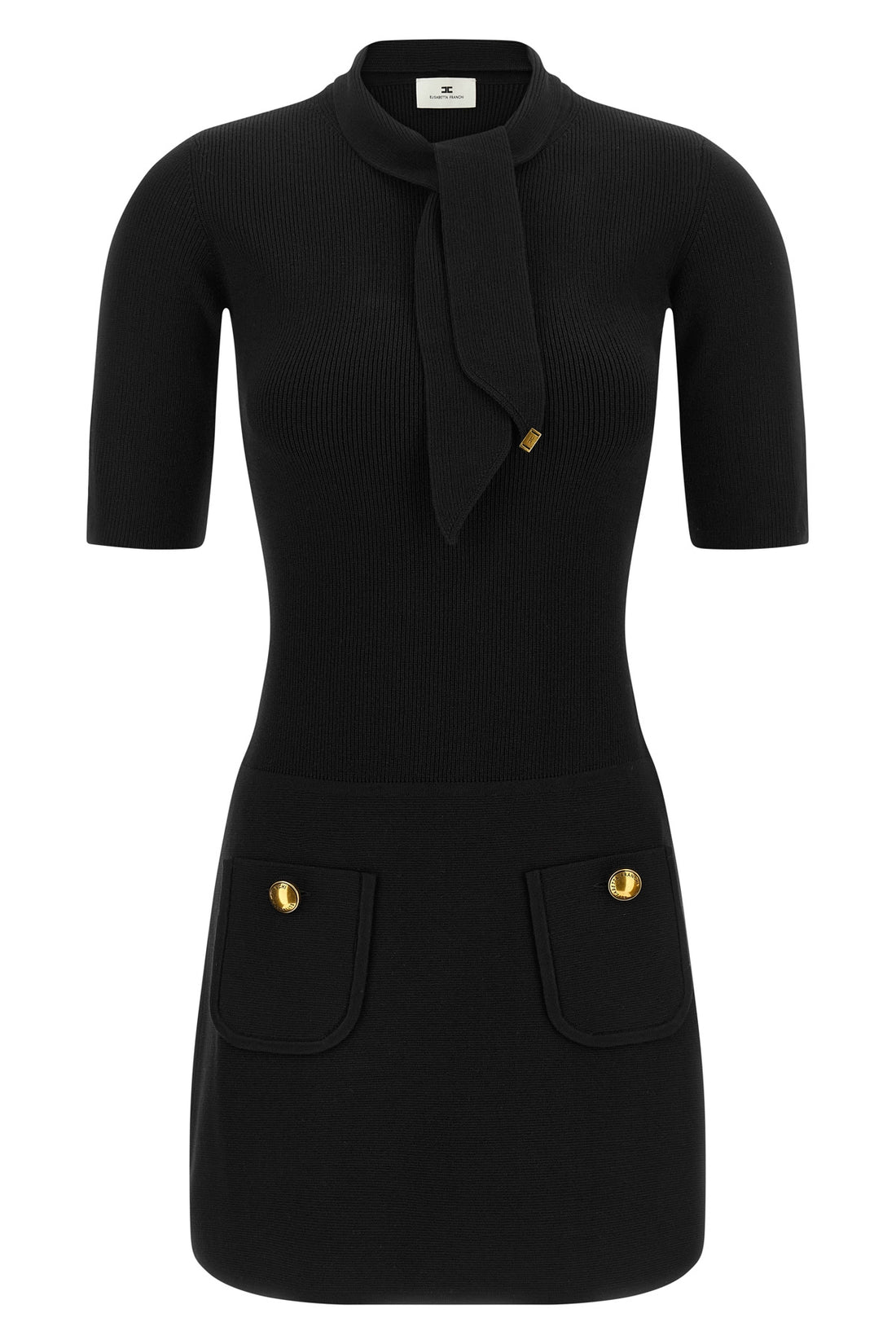 ELISABETTA FRANCHI 38 elisabetta franchi black knit short dress features a tight fit fit made of compa