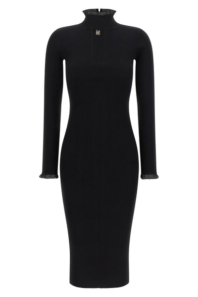 the elisabetta franchi midi dress defines the silhouette through a rigorous ribb