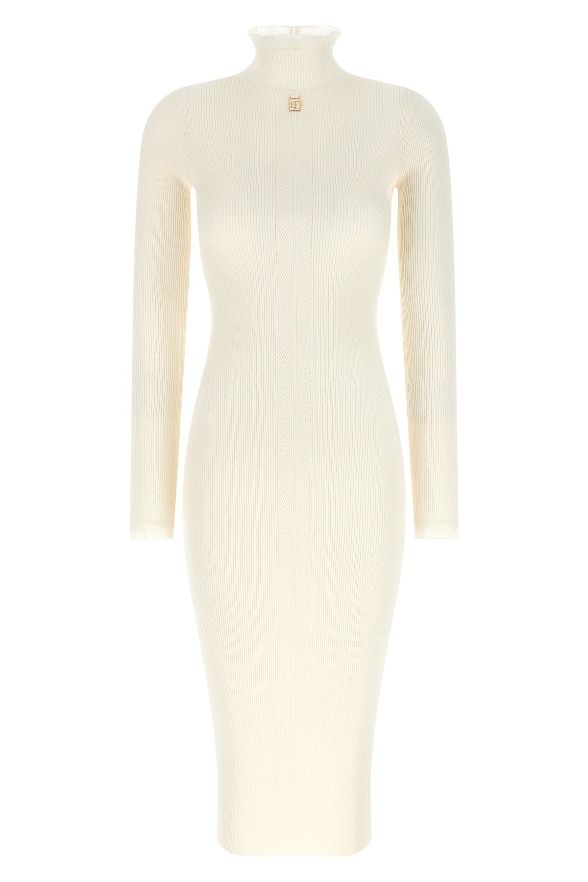 the elisabetta franchi midi dress redefines the silhouette through rigorous ribb