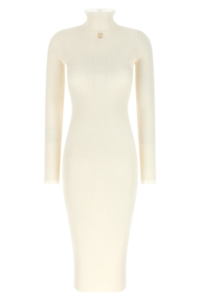 the elisabetta franchi midi dress redefines the silhouette through rigorous ribb
