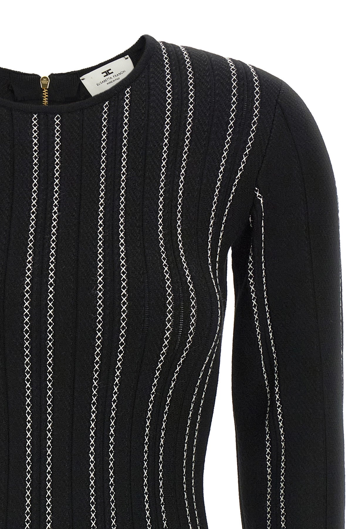 elisabetta franchi mini dress defines the silhouette through a rigorous sartoria