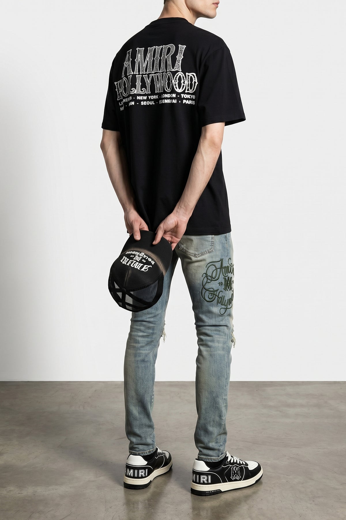 amiri hollywood mx1 used-effect stonewashed stretch cotton denim jeans