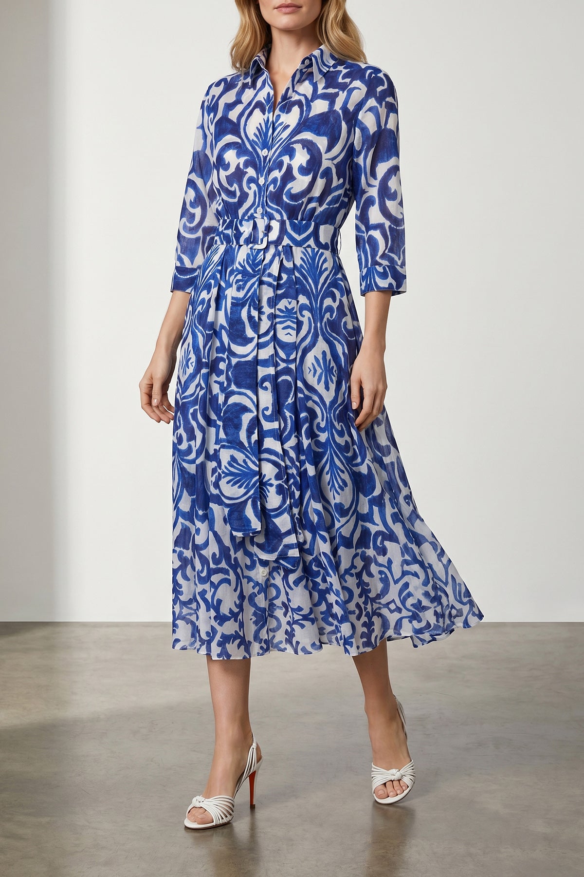 all over maiolica blue tile aster cotton muslin midi dress