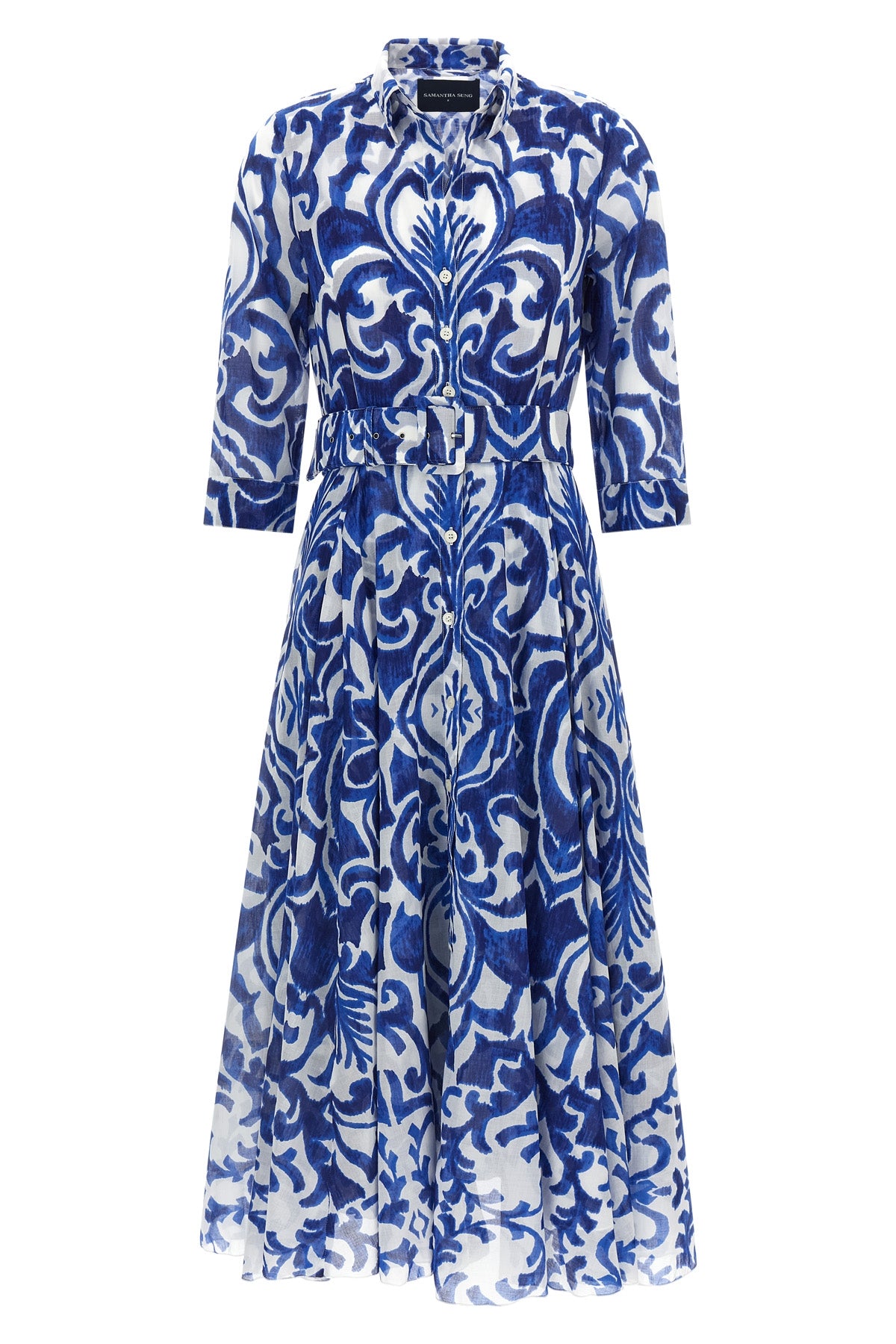 all over maiolica blue tile aster cotton muslin midi dress