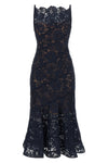 the self-portrait midi dress in navy blue is distinguished by a fit-and-flare mo