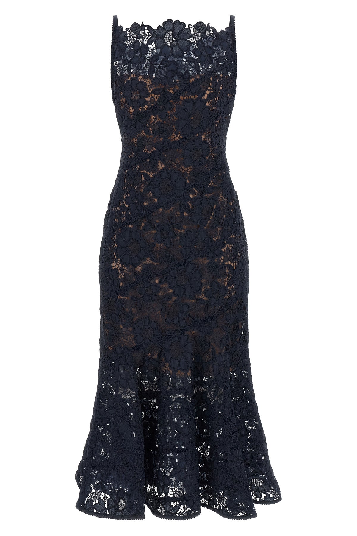 the self-portrait midi dress in navy blue is distinguished by a fit-and-flare mo