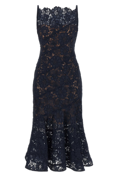 the self-portrait midi dress in navy blue is distinguished by a fit-and-flare mo