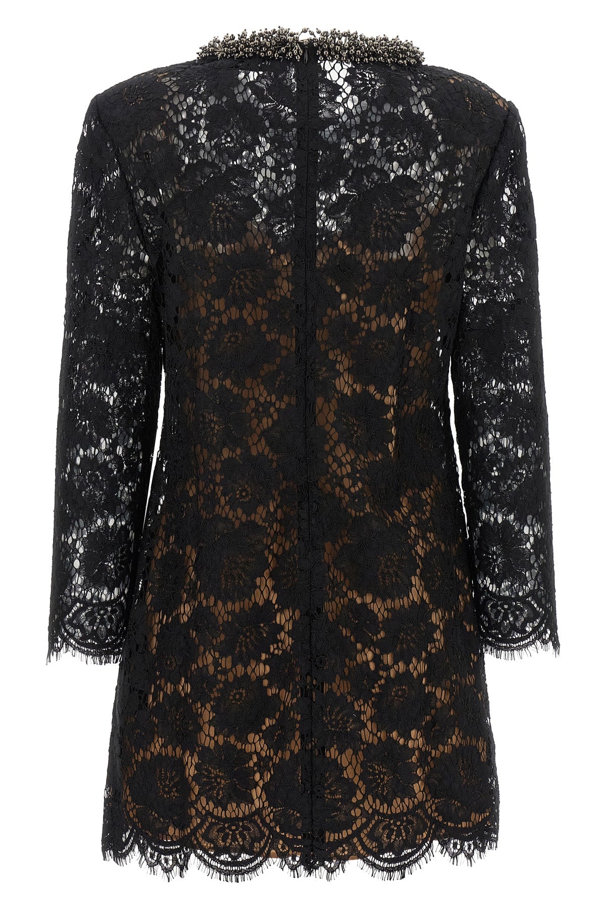 the self-portrait mini dress is built through a complex black floral lace workma