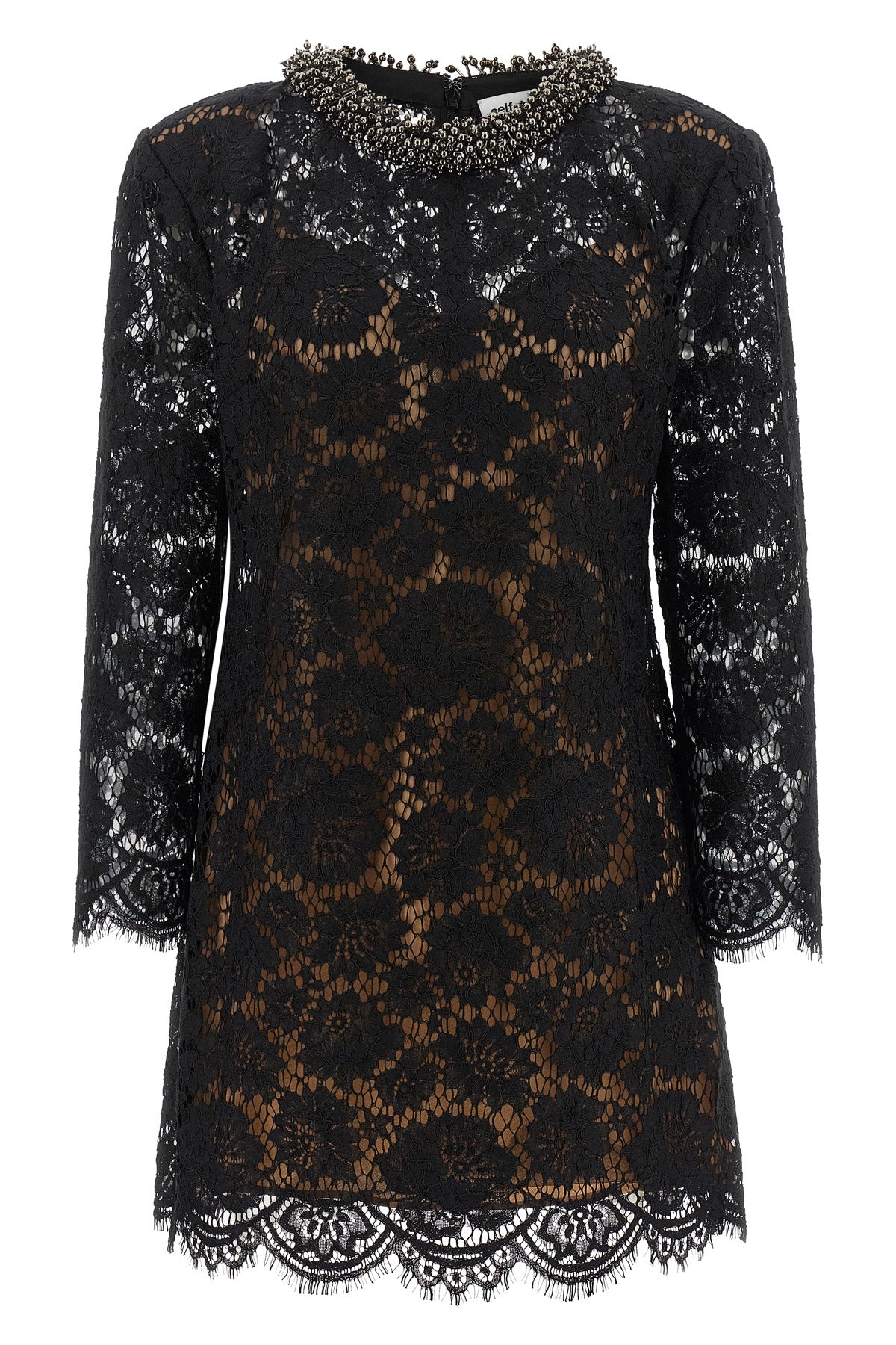 the self-portrait mini dress is built through a complex black floral lace workma