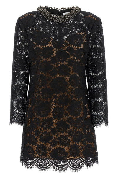 the self-portrait mini dress is built through a complex black floral lace workma