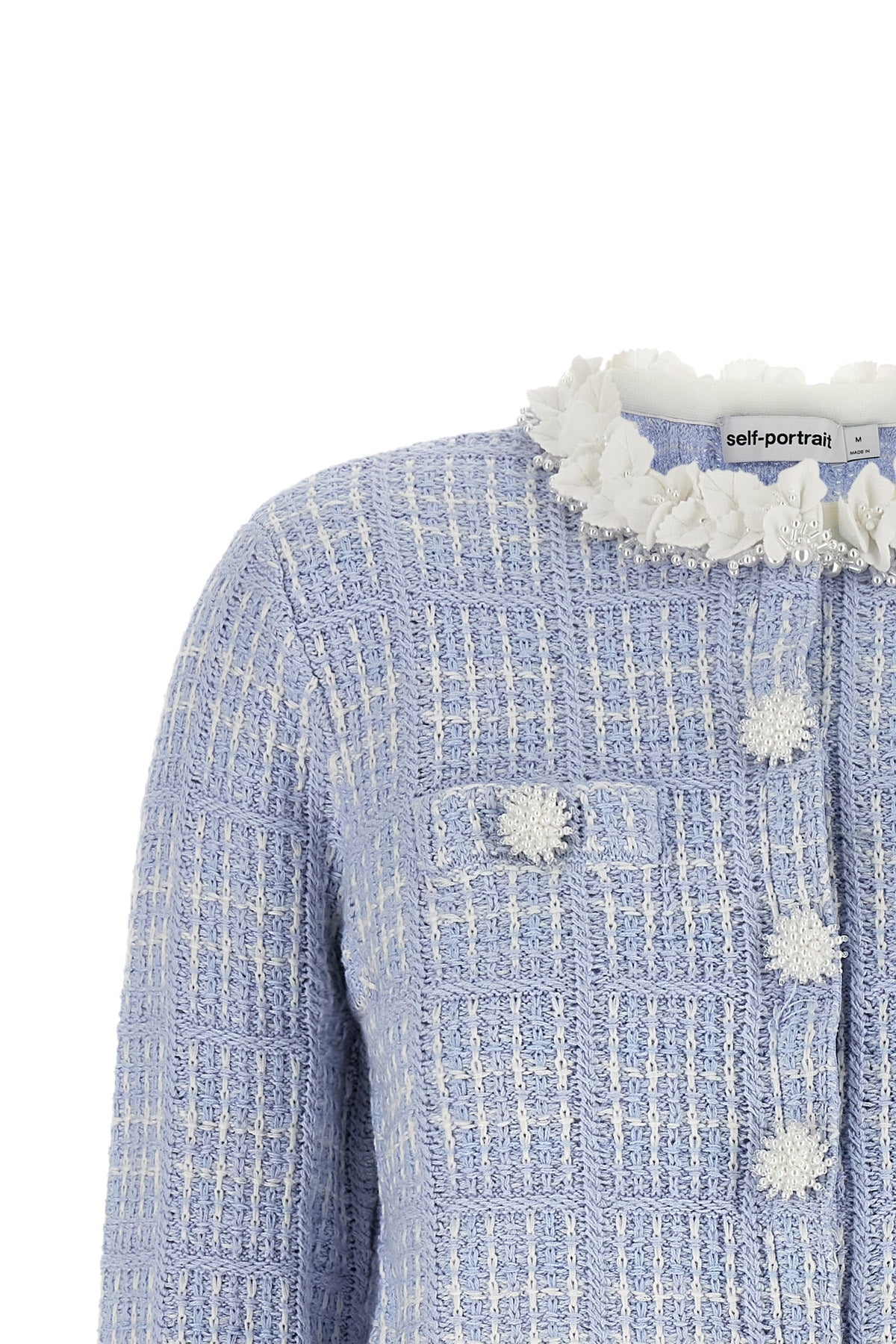 the self-portrait cropped jacket is made of a fine structured cotton and wool bl