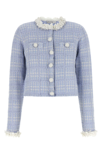 the self-portrait cropped jacket is made of a fine structured cotton and wool bl