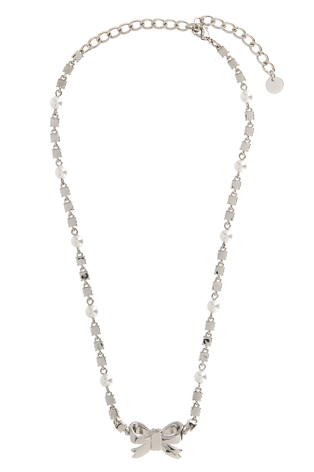SELF PORTRAIT OS the self-portrait crystal pearl bow necklace defines the décolleté through a r