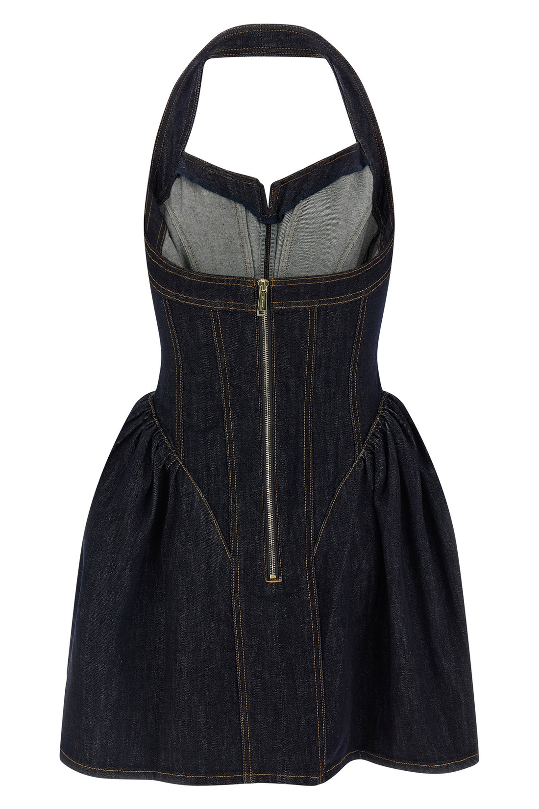 SELF PORTRAIT 6 the self-portrait indigo denim halterneck flared mini dress defines a new interp