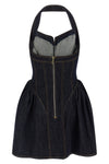 the self-portrait indigo denim halterneck flared mini dress defines a new interp