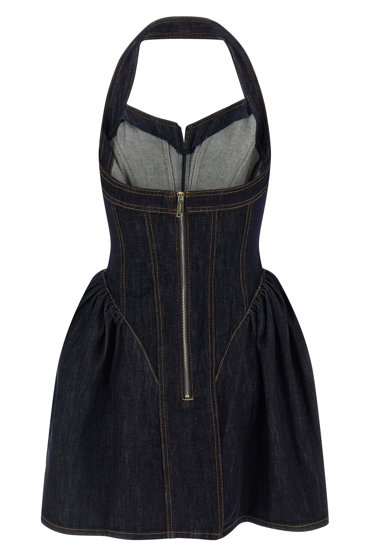 the self-portrait indigo denim halterneck flared mini dress defines a new interp