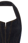 the self-portrait indigo denim halterneck flared mini dress defines a new interp
