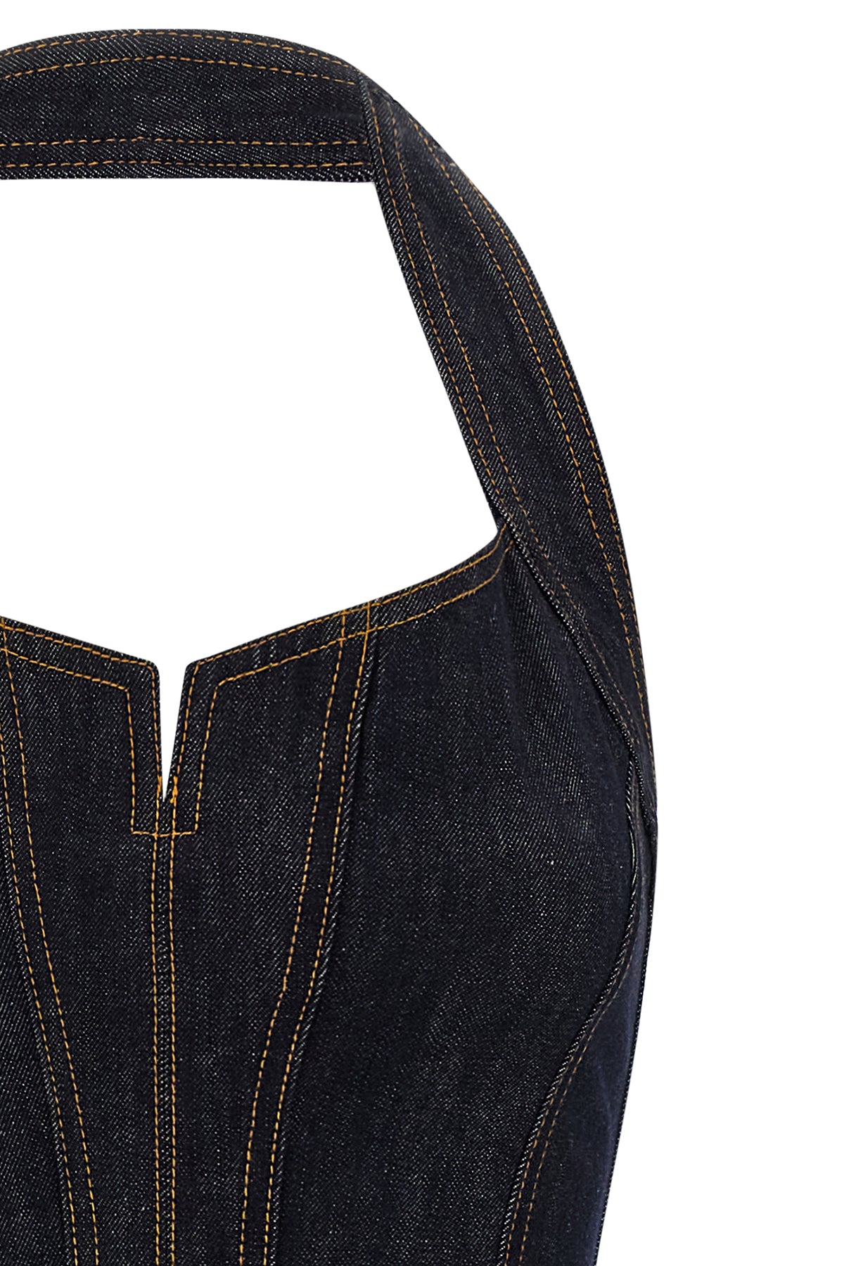 the self-portrait indigo denim halterneck flared mini dress defines a new interp