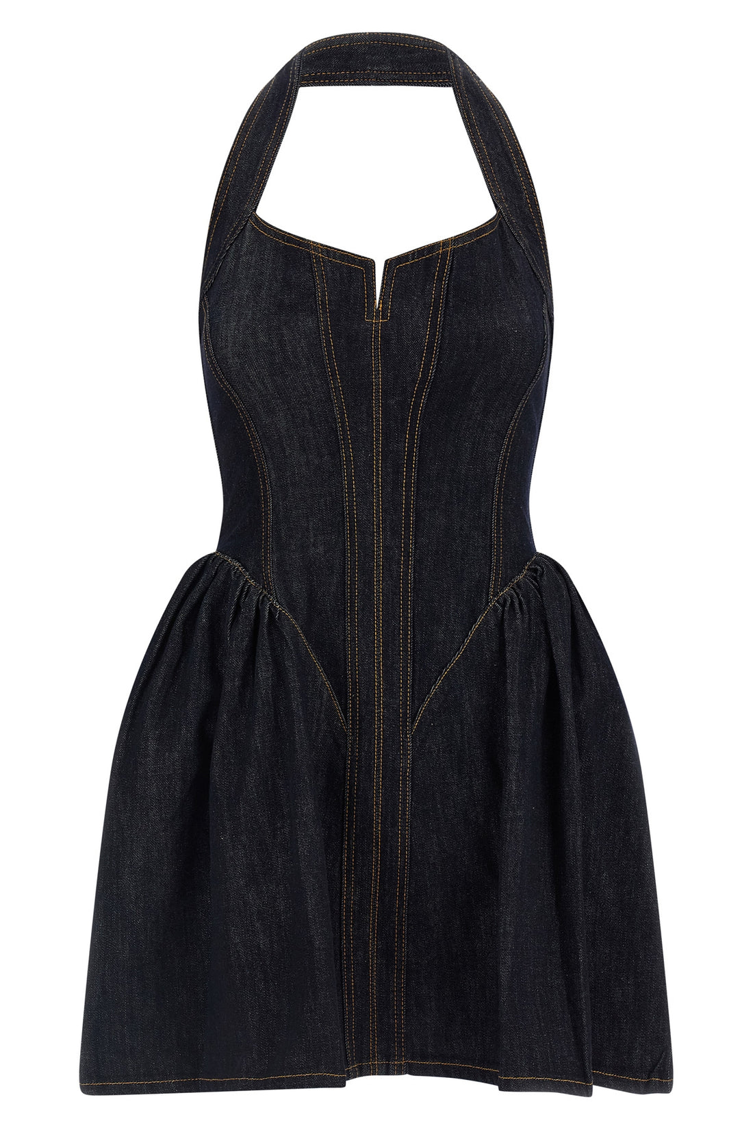 SELF PORTRAIT 6 the self-portrait indigo denim halterneck flared mini dress defines a new interp