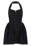 the self-portrait indigo denim halterneck flared mini dress defines a new interp